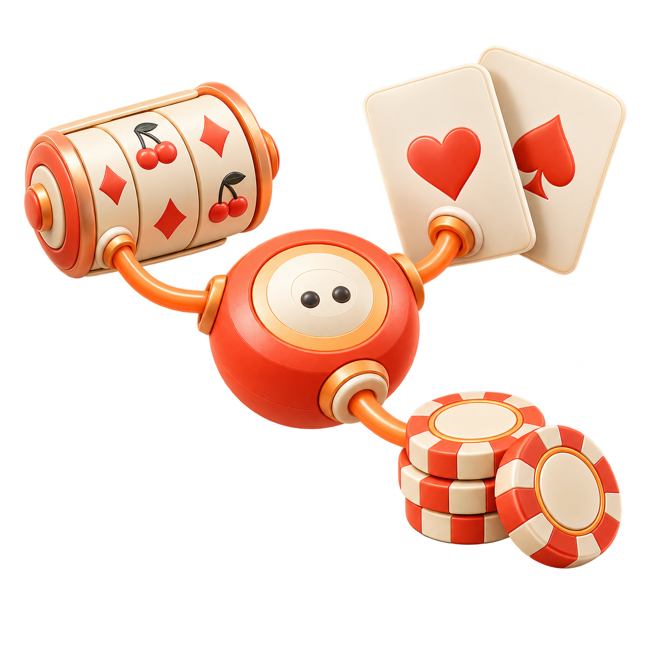 Coral connection hub joining slot reels, playing cards and casino chips.