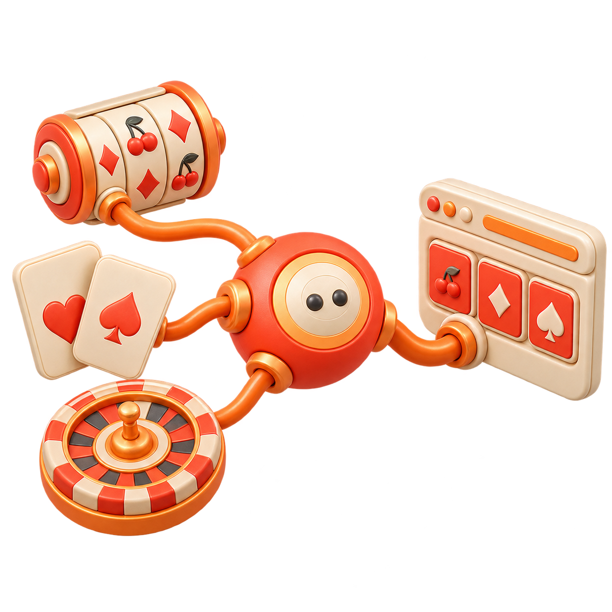 Sculptural game modules connected through one hub to a casino lobby