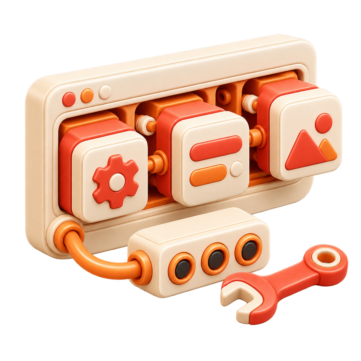 Modular frontend sculpture with connector ports and a precision wrench